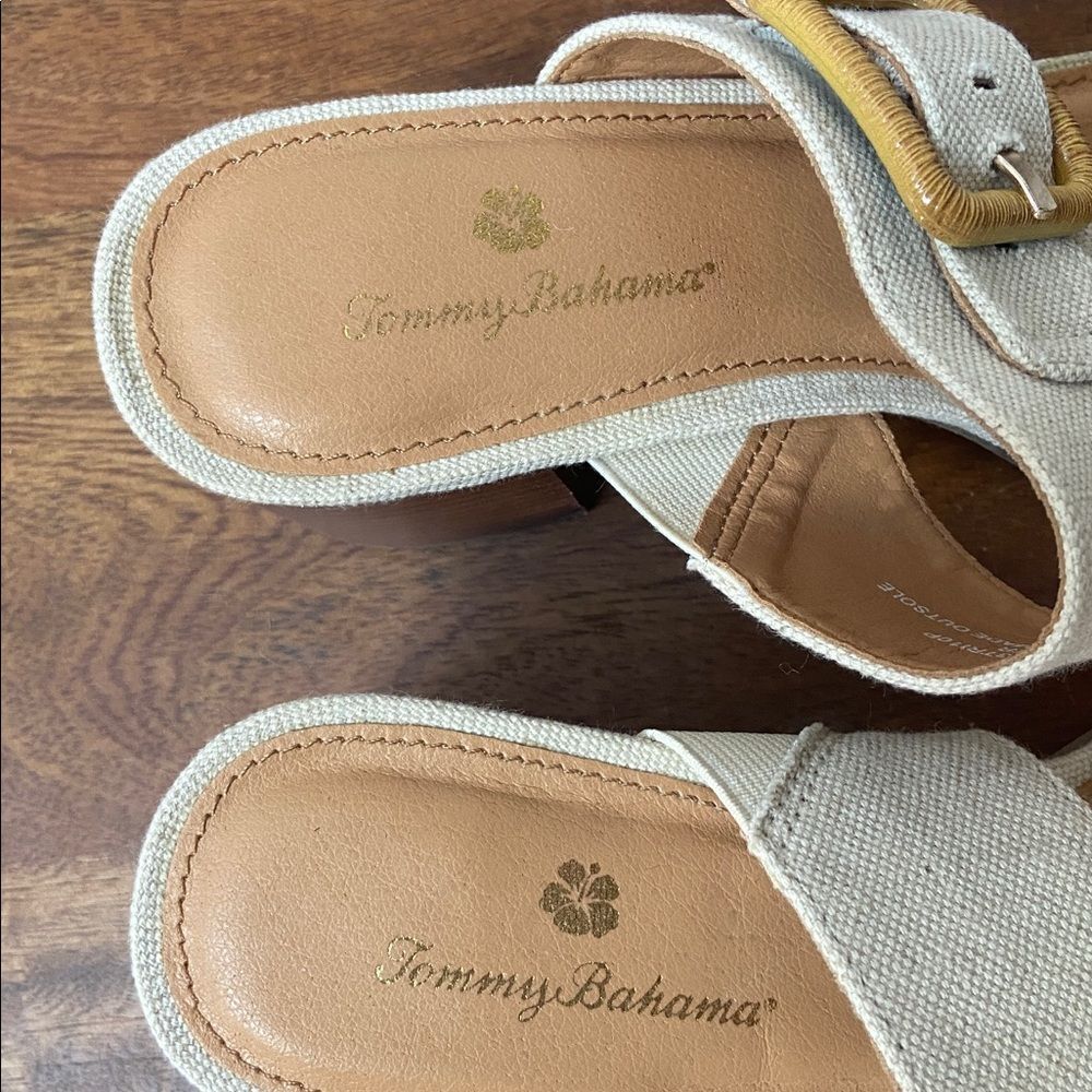 Tommy Bahama Trista Linen Block Heel Sandals - Picture 3 of 9